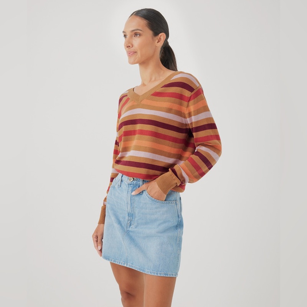 Pact V-Neck Striped Sweater in Rust Multicolor - Picture 5 of 7